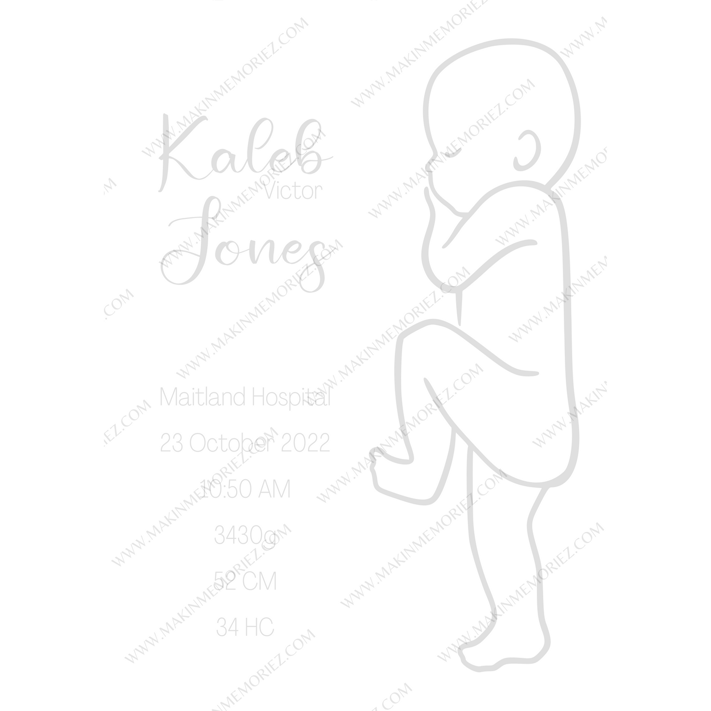 ♡ Single 1:1 Scale Baby Print Birth Poster - COLOURED BABY AND/OR WRITING - A2 Size ♡