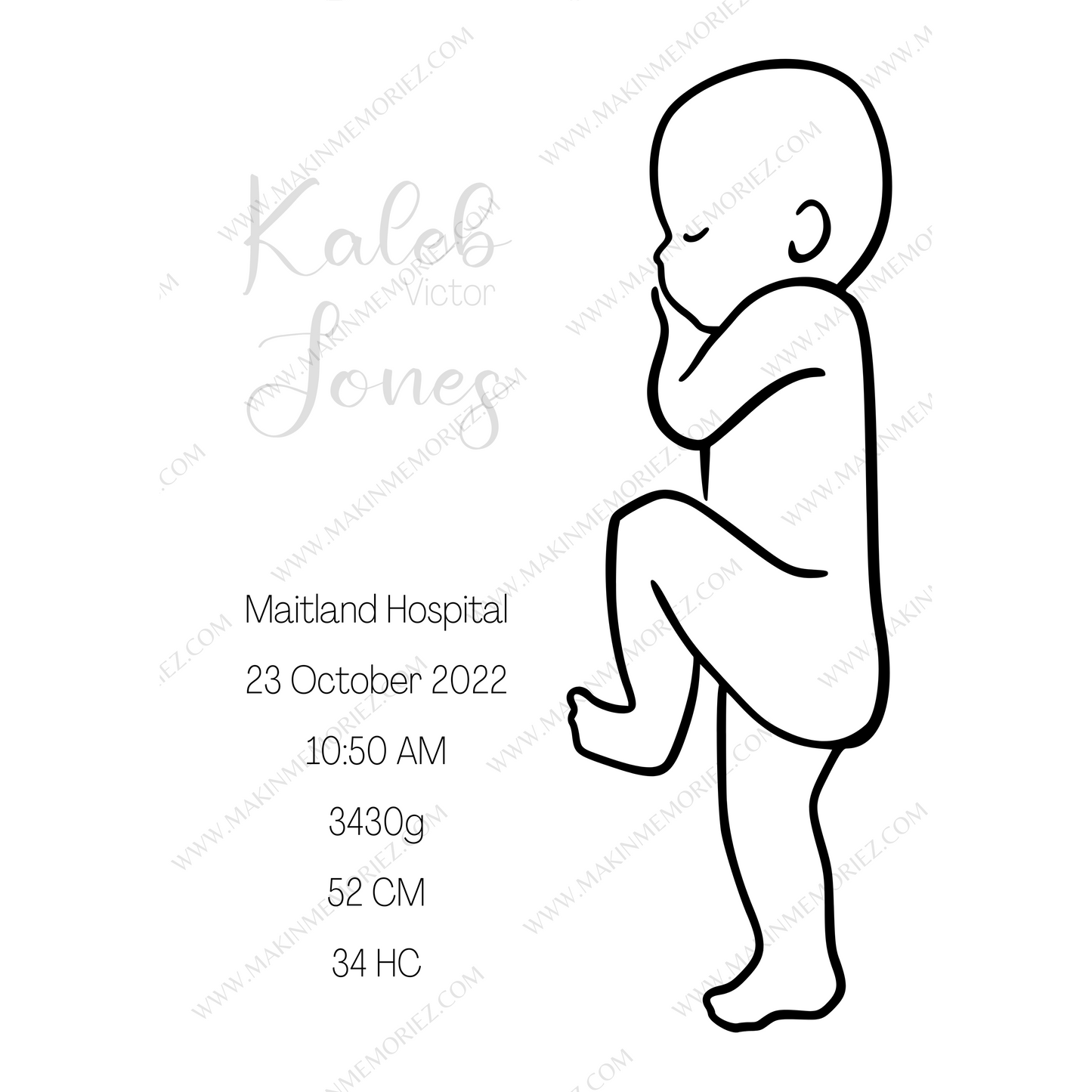 ♡ Single 1:1 Scale Baby Print Birth Poster - COLOURED BABY AND/OR WRITING - A2 Size ♡