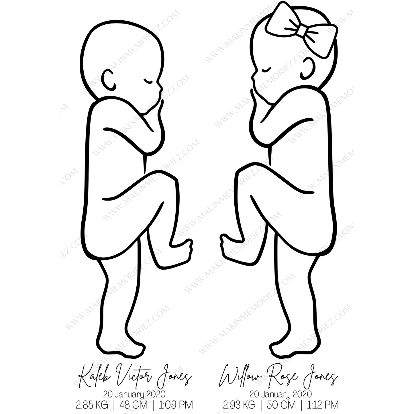 ♡ Double/Twin 1:1 Scale Baby Print Birth Poster - BABY LENGTH 53CM AND UNDER - A2 Size ♡