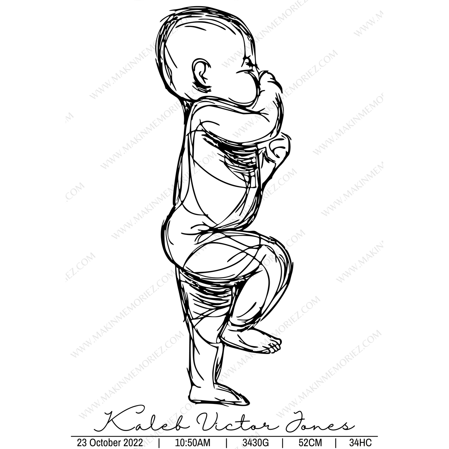 ♡ Single 1:1 Scale Baby Print Birth Poster - BLACK AND WHITE - A2 Size ♡