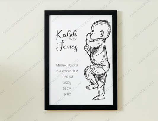 ♡ Single 1:1 Scale Baby Print Birth Poster - BLACK AND WHITE - A2 Size ♡