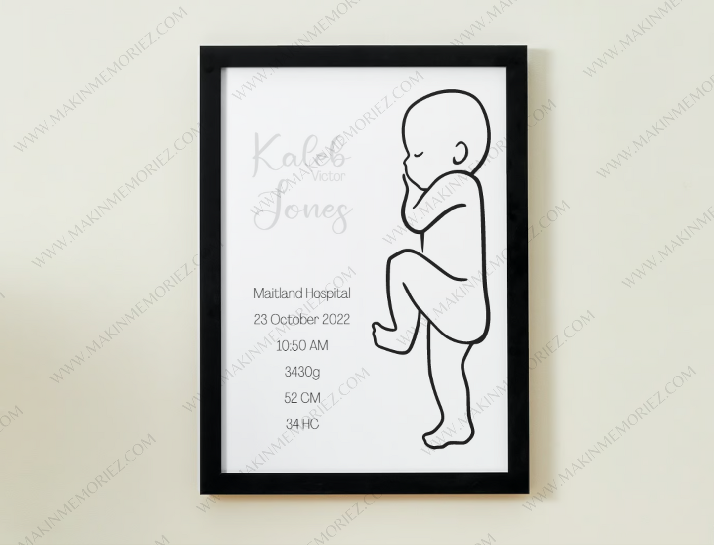 ♡ Single 1:1 Scale Baby Print Birth Poster - COLOURED BABY AND/OR WRITING - A2 Size ♡