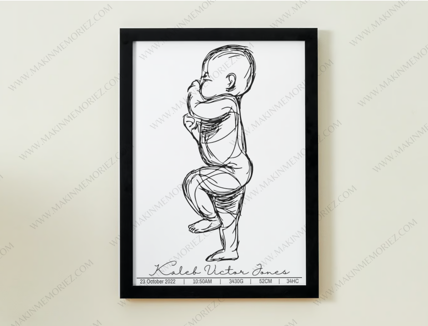 ♡ Single 1:1 Scale Baby Print Birth Poster - BLACK AND WHITE - A2 Size ♡