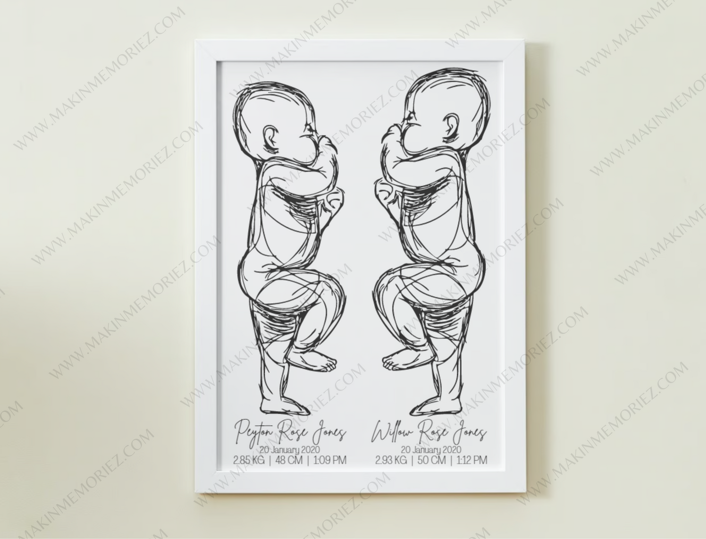 ♡ Double/Twin 1:1 Scale Baby Print Birth Poster - BABY LENGTH 53CM AND UNDER - A2 Size ♡