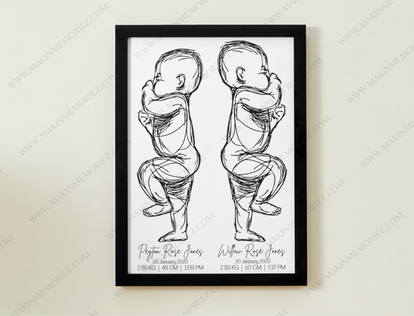 ♡ Double/Twin 1:1 Scale Baby Print Birth Poster - BABY LENGTH 54CM AND OVER - A1 Size ♡