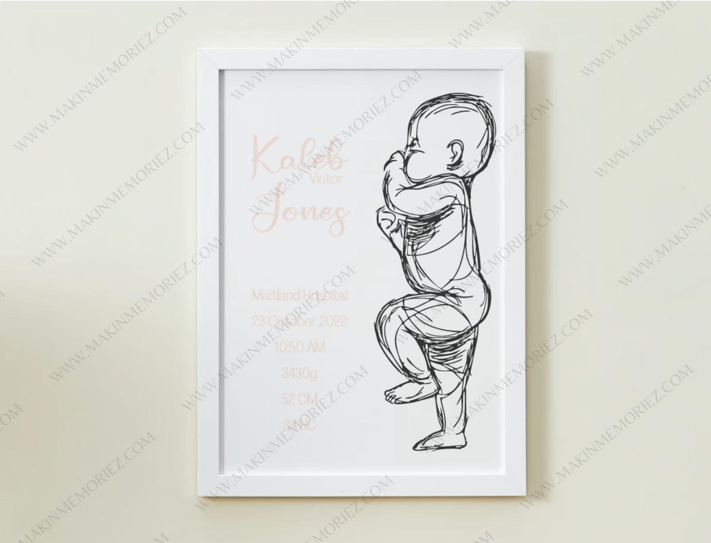 ♡ Single 1:1 Scale Baby Print Birth Poster - COLOURED BABY AND/OR WRITING - A2 Size ♡