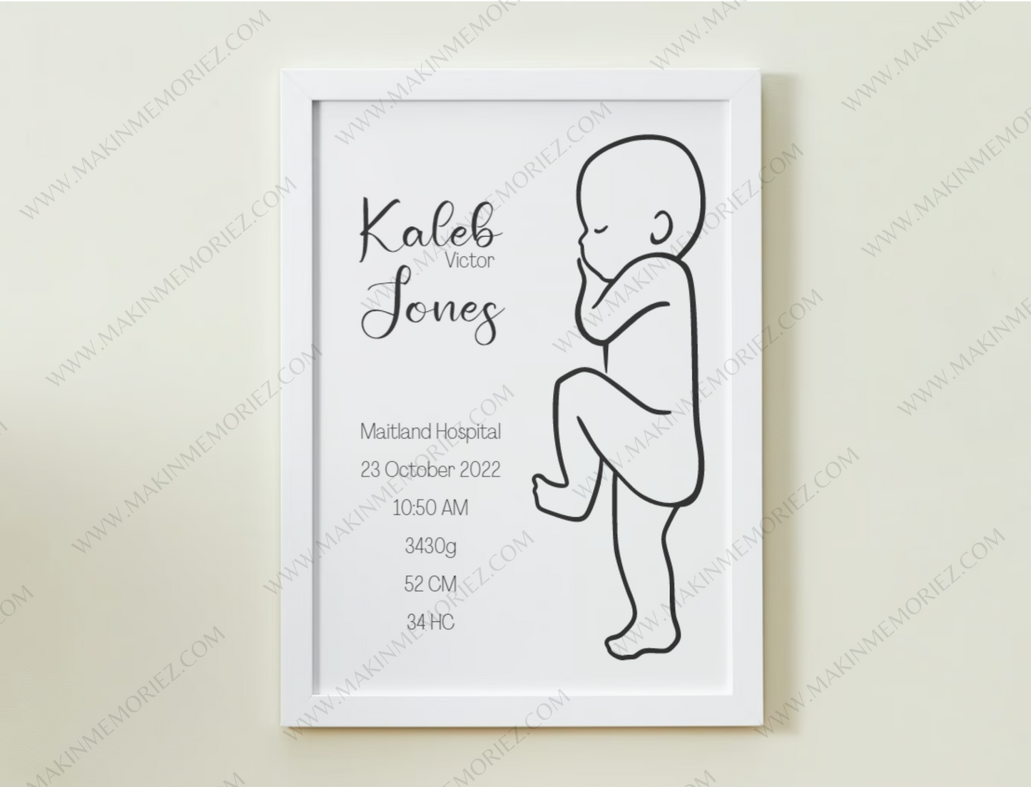 ♡ Single 1:1 Scale Baby Print Birth Poster - BLACK AND WHITE - A2 Size ♡