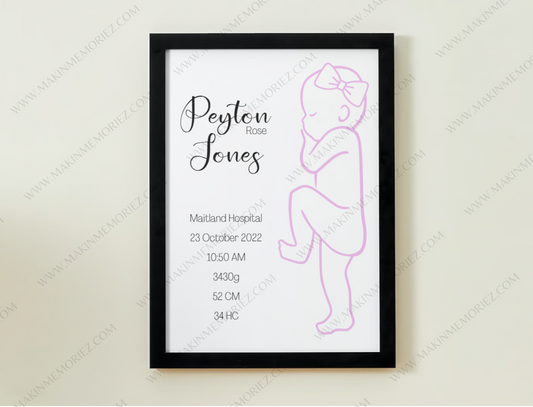 ♡ Single 1:1 Scale Baby Print Birth Poster - COLOURED BABY AND/OR WRITING - A2 Size ♡