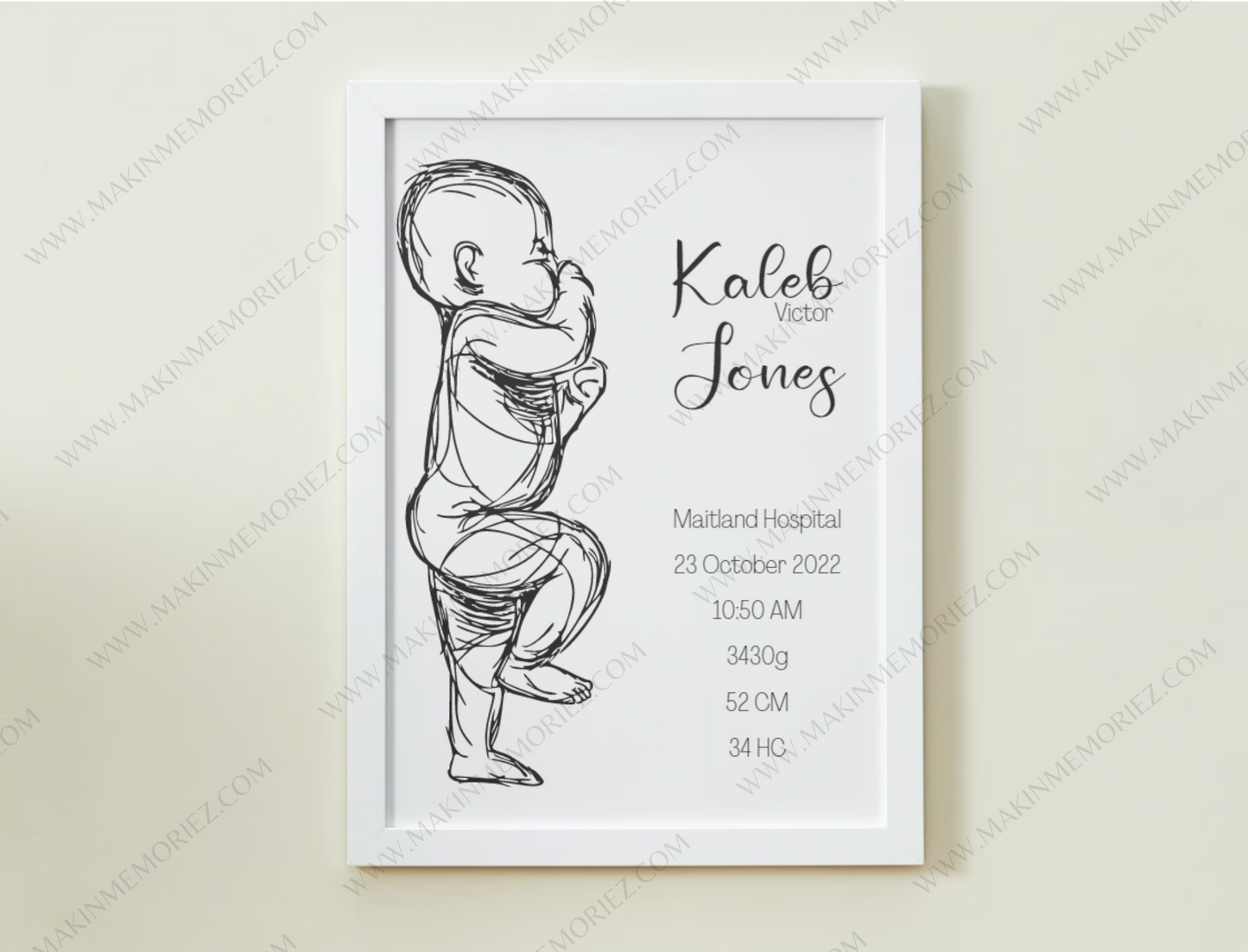 ♡ Single 1:1 Scale Baby Print Birth Poster - BLACK AND WHITE - A2 Size ♡